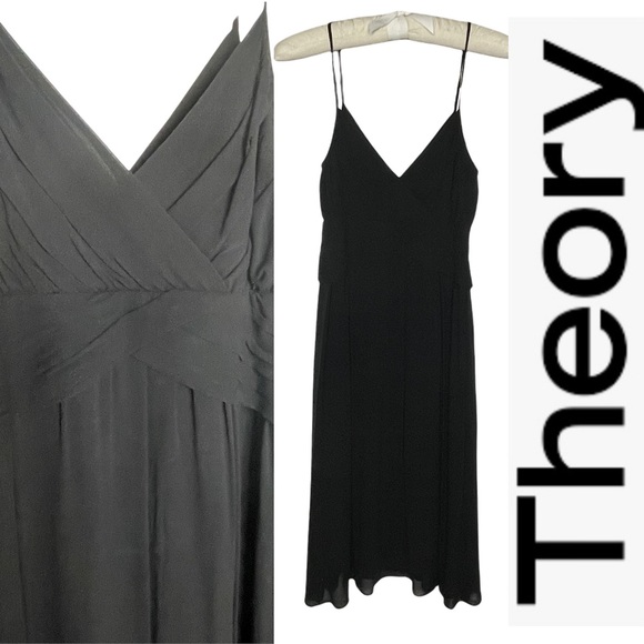 Theory Layna Bonita Black Silk Chiffon Spaghetti Strap MIDI Dress 0 - Picture 1 of 13